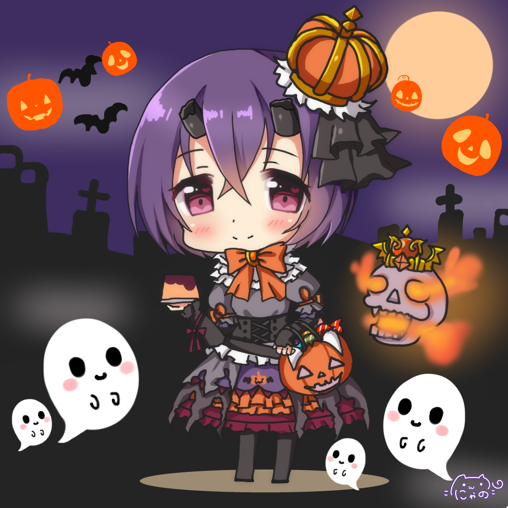 1girl bangs black_legwear black_shirt blush broken_horn character_request chibi closed_mouth commentary_request corset crown eyebrows_visible_through_hair fire flaming_skull food full_moon ghost hair_between_eyes halloween halloween_basket heart heart_in_eye horns jack-o'-lantern long_sleeves mini_crown moon night night_sky nyano21 outdoors pantyhose princess_connect! princess_connect!_re:dive pudding puffy_short_sleeves puffy_sleeves purple_hair purple_skirt shirt short_hair short_over_long_sleeves short_sleeves signature skirt skull sky sleeves_past_wrists smile solo standing symbol_in_eye tilted_headwear tombstone violet_eyes