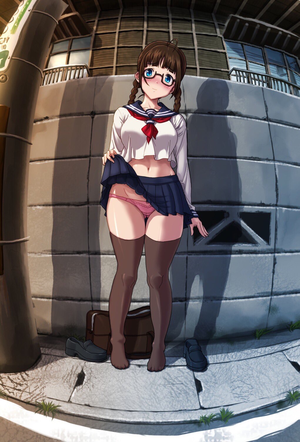 1girl artist_request bag belly_peek blue_eyes blush breasts brown_hair collarbone curvy duplicate glasses gluteal_fold head_tilt highres house large_breasts light_smile looking_at_viewer md5_mismatch original outdoors panties pantyshot pole school_uniform shadow shoes shoes_removed short_twintails sidewalk skirt skirt_lift standing thigh-highs twintails underwear