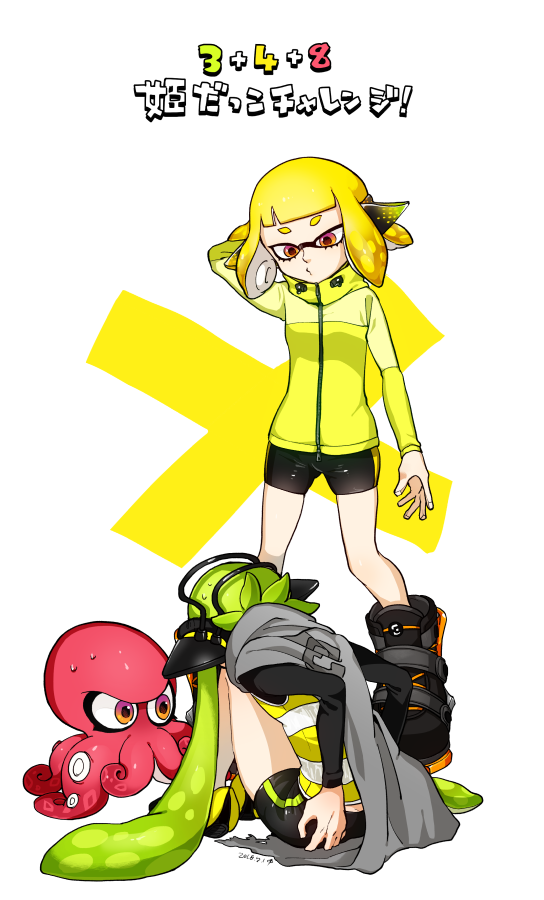 2girls arm_behind_head bike_shorts black_footwear black_jacket black_shorts blonde_hair brown_eyes dated domino_mask green_hair grey_cape headgear high_tops jacket long_sleeves looking_at_another mask multiple_girls nintendo puckered_lips shoes short_hair shorts simple_background single_vertical_stripe splatoon splatoon_2 splatoon_2:_octo_expansion squidbeak_splatoon sweatdrop tentacle_hair translated vest white_background x yellow_footwear yellow_jacket yellow_vest