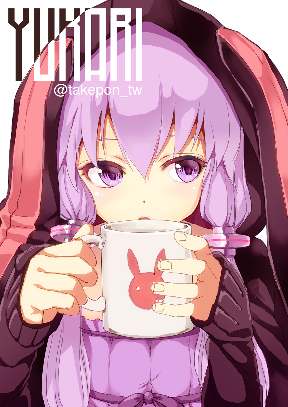 1girl animal_hood bangs bunny_hood character_name coffee_mug commentary_request cup fingernails highres holding holding_cup hood hood_up hoodie long_sleeves looking_at_viewer mug open_clothes open_hoodie open_mouth purple_hair purple_ribbon ribbon short_hair_with_long_locks sidelocks simple_background sleeves_past_wrists solo takepon1123 twitter_username upper_body violet_eyes vocaloid white_background yuzuki_yukari