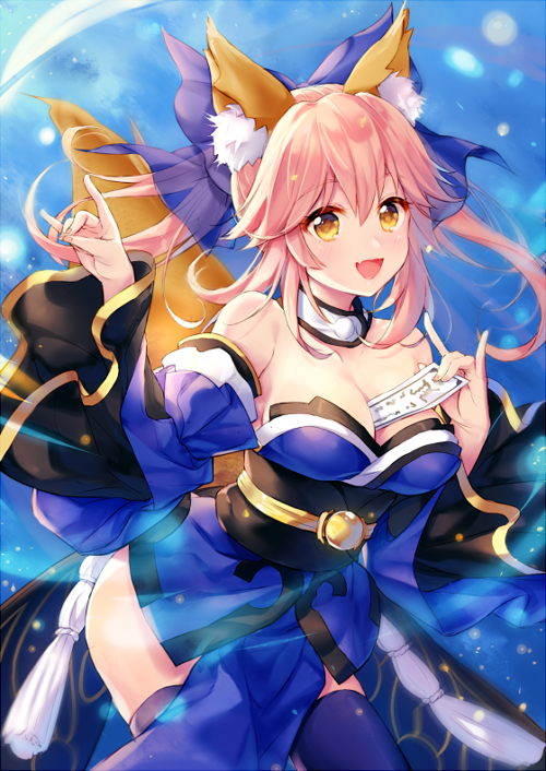 1girl :d animal_ear_fluff animal_ears bare_shoulders between_breasts blue_bow blue_kimono blue_sleeves blush bow breasts cleavage collarbone commentary_request detached_sleeves fate/extra fate_(series) fingernails fox_ears fox_girl fox_shadow_puppet fox_tail hair_bow japanese_clothes juliet_sleeves kimono large_breasts long_hair long_sleeves looking_at_viewer ofuda open_mouth pf pink_hair puffy_sleeves purple_legwear see-through smile solo strapless tail tail_raised tamamo_(fate)_(all) tamamo_no_mae_(fate) thigh-highs twintails wide_sleeves