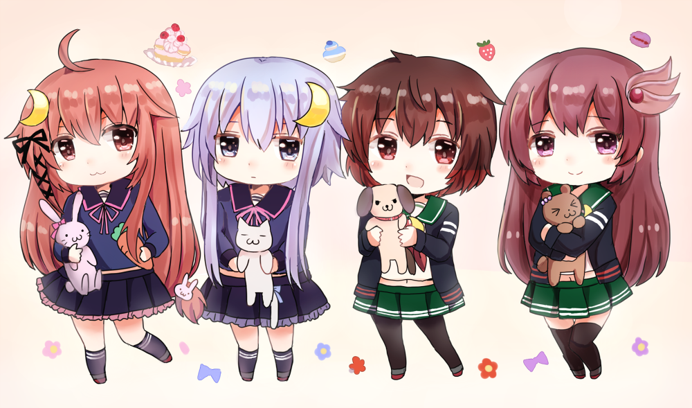 4girls :3 :d animal animal_hug bangs bear black_jacket black_legwear black_ribbon blue_eyes blue_hair blue_shirt blush brown_eyes brown_hair car chibi closed_mouth crescent crescent_hair_ornament dog eyebrows_visible_through_hair food frilled_skirt frills fruit green_sailor_collar green_skirt grey_footwear ground_vehicle hair_between_eyes hair_ornament hair_ribbon holding holding_animal jacket kantai_collection kisaragi_(kantai_collection) kneehighs long_hair looking_at_viewer mazeru_(jisjifin) motor_vehicle multiple_girls mutsuki_(kantai_collection) navy_blue_legwear open_clothes open_jacket open_mouth pantyhose pleated_skirt purple_skirt rabbit red_eyes redhead remodel_(kantai_collection) ribbon sailor_collar school_uniform serafuku shirt skirt smile strawberry thigh-highs uzuki_(kantai_collection) very_long_hair violet_eyes yayoi_(kantai_collection)