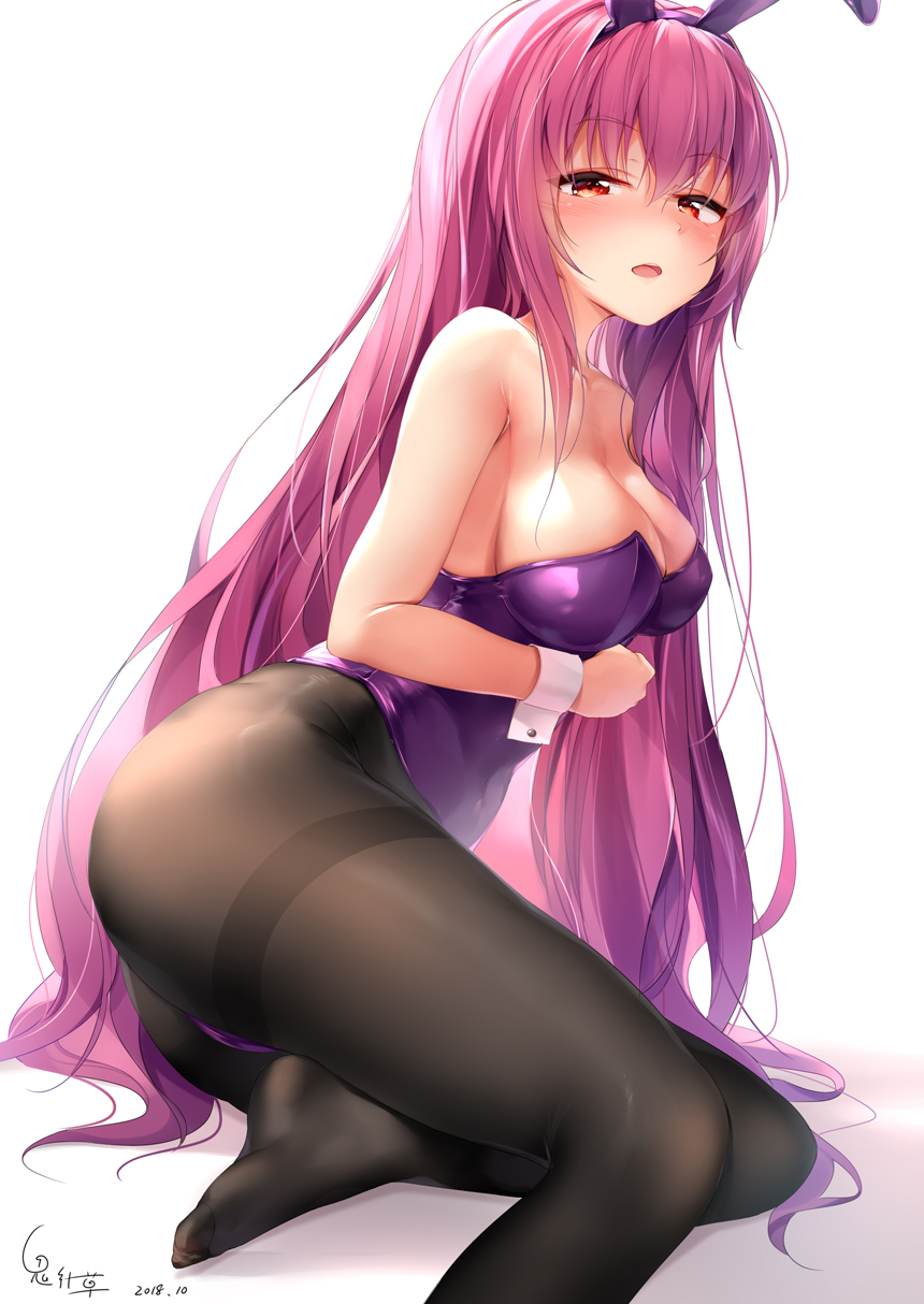 1girl animal_ears ass bangs bare_arms bare_shoulders black_legwear blush breasts chen_bin cleavage commentary_request dated eyebrows_visible_through_hair eyes_visible_through_hair fake_animal_ears fate/grand_order fate_(series) from_side hairband highres leaning_to_the_side leotard long_hair looking_at_viewer medium_breasts no_shoes open_mouth pantyhose purple_hair purple_hairband purple_leotard rabbit_ears scathach_(fate)_(all) scathach_(fate/grand_order) signature simple_background sitting thighband_pantyhose very_long_hair violet_eyes white_background wrist_cuffs