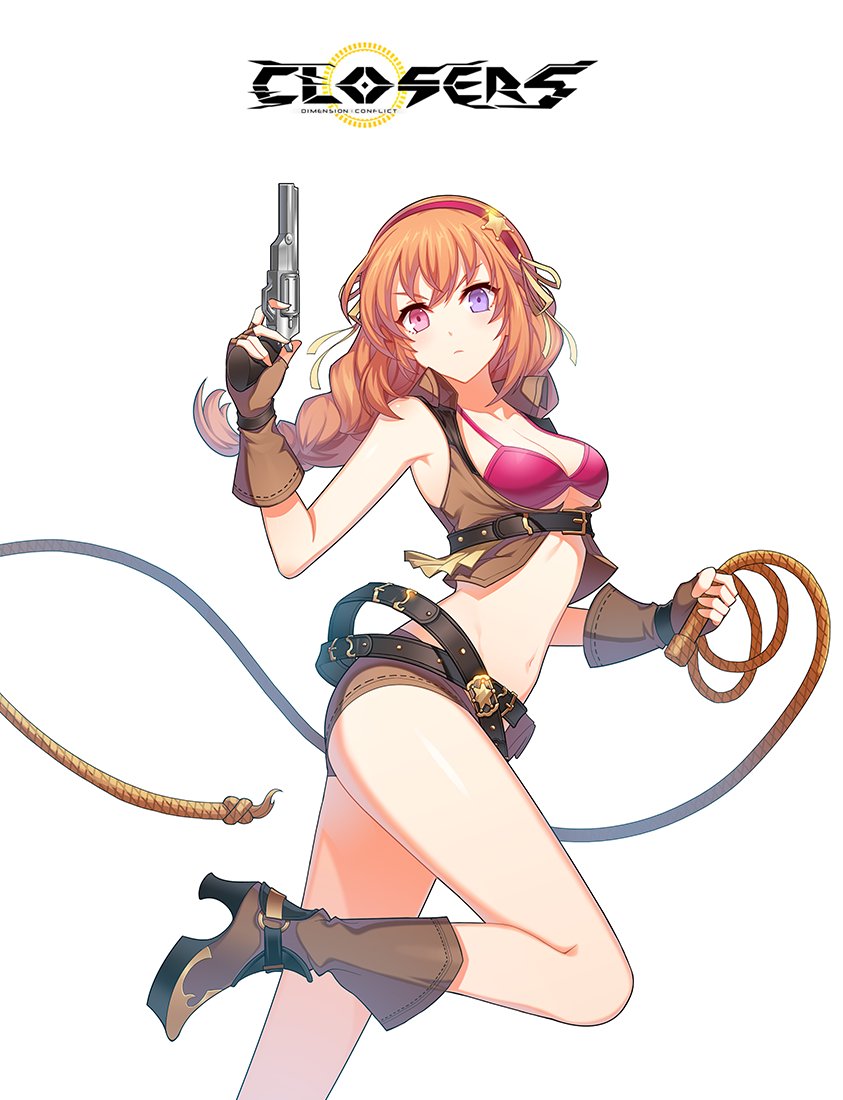 1girl belt braid breasts brown_footwear brown_gloves brown_shorts cleavage closers copyright_name fingerless_gloves floating_hair from_side gloves groin gun hair_ornament hair_ribbon hairband heterochromia holding holding_gun holding_weapon holding_whip leg_up long_hair looking_at_viewer medium_breasts midriff navel official_art orange_hair red_bikini_top red_eyes red_hairband ribbon short_shorts shorts simple_background single_braid solo standing standing_on_one_leg star star_hair_ornament stomach under_boob violet_eyes weapon white_background yellow_ribbon