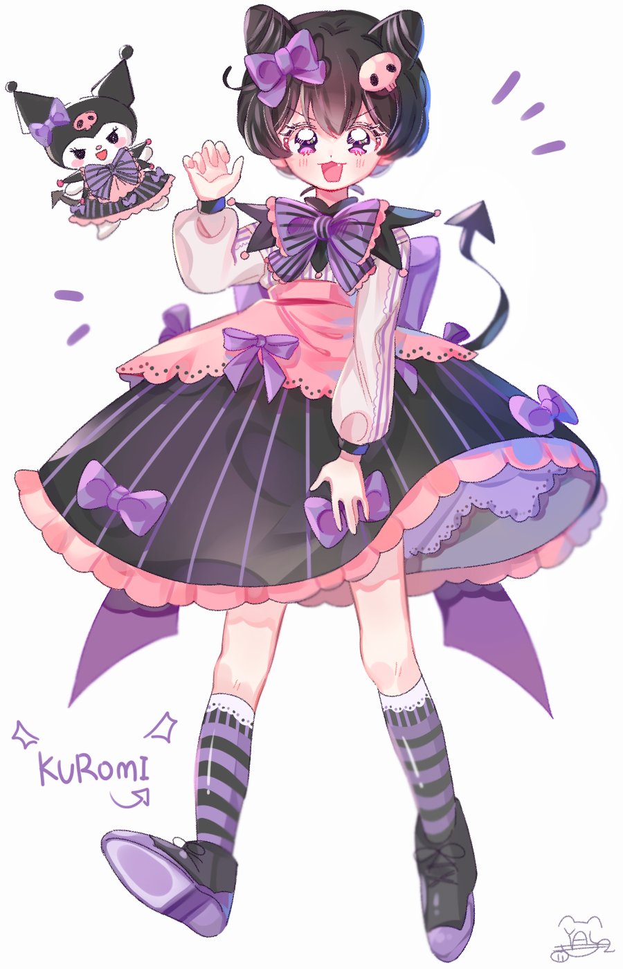 1girl black_footwear black_hair blush bow character_name dress full_body hair_ornament hairpin highres kuromi long_sleeves looking_at_viewer multicolored_footwear onegai_my_melody open_mouth personification puffy_sleeves purple_bow purple_footwear shoes short_hair skull skull_hair_ornament smile striped striped_legwear tail violet_eyes walking yalmyu