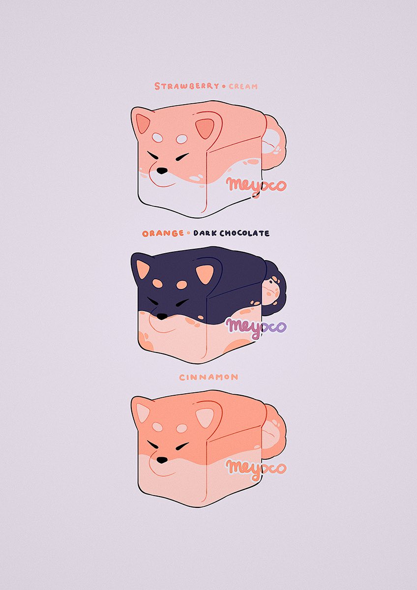 animal animal_ears artist_name bread chocolate cream dog dog_ears english food fruit grey_background highres loaf_of_bread meyoco no_humans original shiba_inu simple_background strawberry