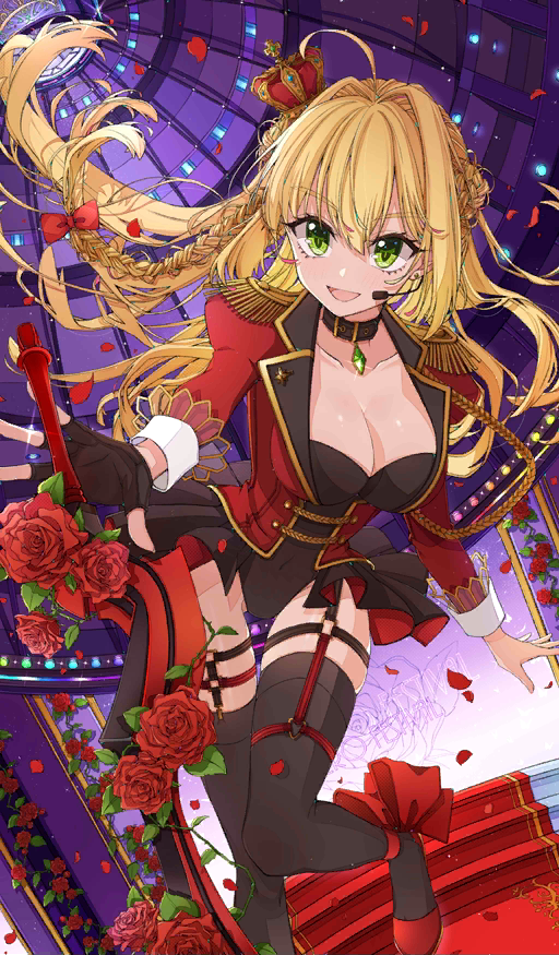 1girl :d aestus_estus alternate_costume black_legwear black_skirt blonde_hair braid breasts choker cleavage craft_essence crown dome eyelashes fate/grand_order fate_(series) flower garter_straps green_eyes hair_ribbon headset jacket large_breasts leaning_forward long_hair looking_at_viewer microphone mini_crown nero_claudius_(fate) nero_claudius_(fate)_(all) official_art open_mouth osanai petals red_carpet red_flower red_jacket red_rose return_match ribbon rose rose_petals single_braid skirt smile solo stairs sword thigh-highs thigh_strap weapon