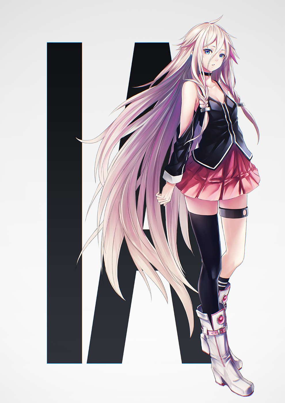 1girl ahoge arms_at_sides asymmetrical_legwear background_text bare_shoulders black_choker black_eyes blonde_hair blue_eyes blush boots breasts character_name choker cleavage collarbone commentary_request grey_background hair_between_eyes highres ia_(vocaloid) knee_boots long_hair long_sleeves looking_at_viewer low_neckline miniskirt multicolored_hair parted_lips pink_hair pink_skirt pleated_skirt shoulder_cutout single_thighhigh skirt small_breasts solo standing straight_hair streaked_hair sugi_214 thigh-highs thigh_strap very_long_hair vocaloid white_footwear