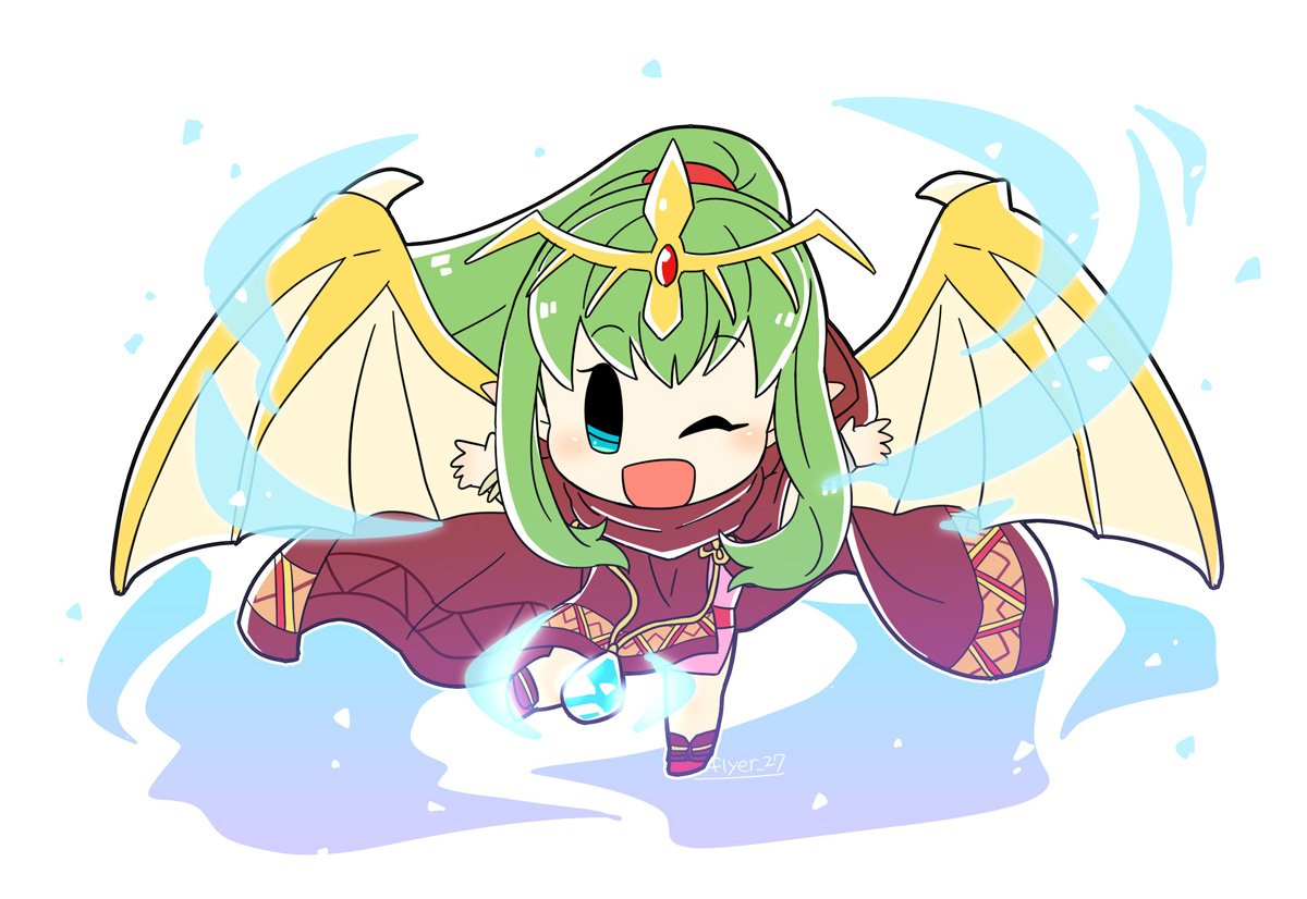 1girl artist_name bracelet chibi chiki cloak dragon_wings fire_emblem fire_emblem:_mystery_of_the_emblem fire_emblem_heroes flyer_27 full_body green_hair hair_ribbon hood hood_down jewelry long_hair mamkute nintendo one_eye_closed open_mouth outstretched_arms pointy_ears ponytail red_ribbon ribbon simple_background solo spread_arms stone tiara white_background wings