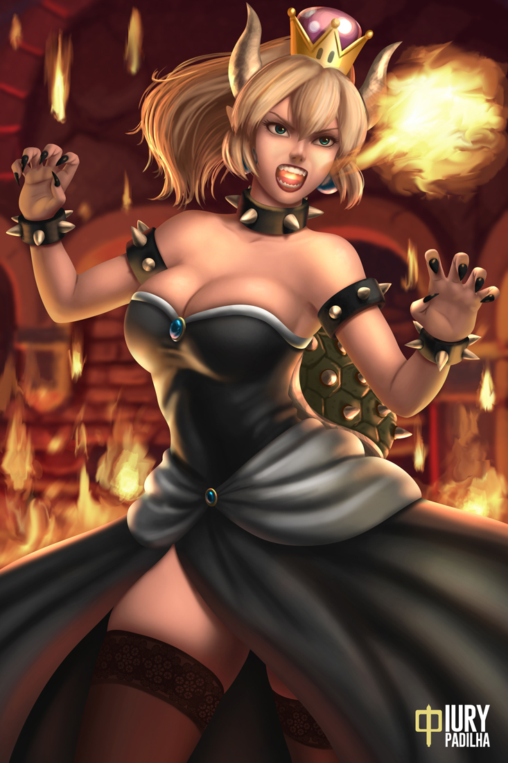 1girl artist_name bare_shoulders black_dress black_nails blonde_hair blue_earrings blurry blurry_background bowsette bracelet breasts breathing_fire brooch castle claw_pose cleavage collar collarbone commentary dress english_commentary fingernails fire hair_between_eyes horns indoors iury_padilha jewelry lace lace-trimmed_thighhighs large_breasts long_ponytail super_mario_bros. nail_polish new_super_mario_bros._u_deluxe nintendo open_mouth pointy_ears sapphire_(stone) sharp_fingernails sharp_teeth sheer_legwear shiny shiny_clothes shiny_hair shiny_skin short_hair side_slit sidelocks skindentation solo spiked_bracelet spiked_collar spiked_shell spikes strapless strapless_dress super_crown teeth thigh-highs thighs waist_cape