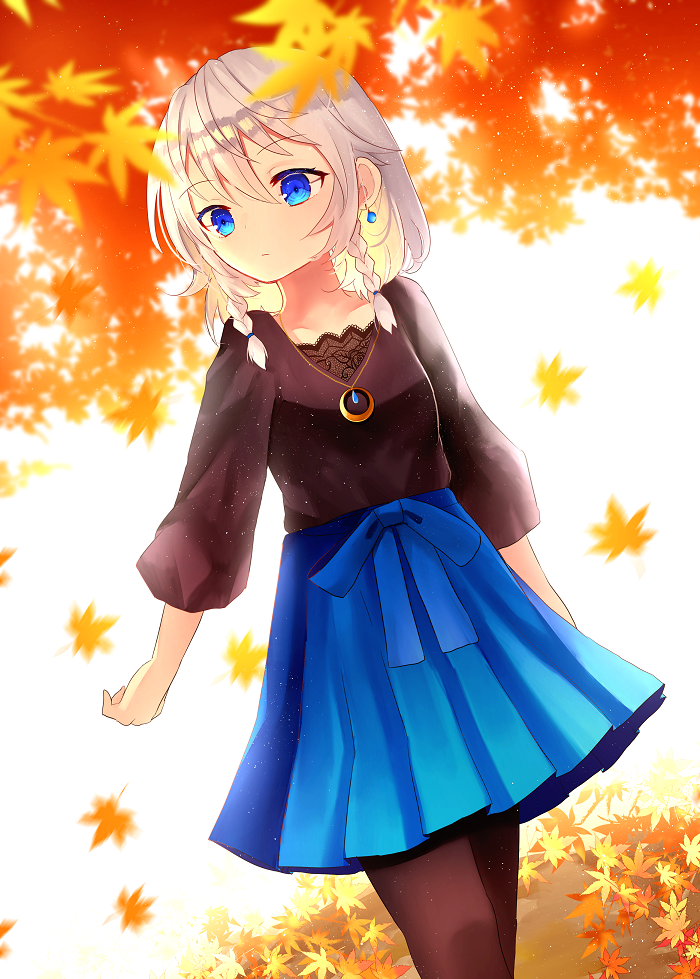 1girl alternate_costume autumn_leaves black_shirt blue_eyes blue_skirt blurry braid brown_legwear casual collarbone contemporary cowboy_shot day depth_of_field dutch_angle earrings expressionless eyebrows_visible_through_hair hair_between_eyes izayoi_sakuya jewelry leaf light_particles long_sleeves looking_to_the_side maple_leaf necklace outdoors pantyhose pendant pleated_skirt sakipsakip sapphire_(stone) shirt short_hair silver_hair skirt solo touhou twin_braids