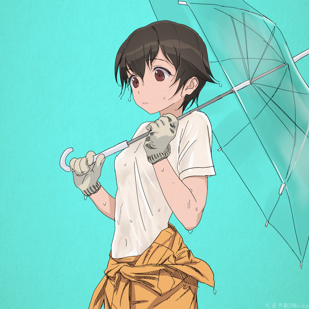 1girl akagi_(fmttps) artist_name bangs breasts brown_eyes brown_hair commentary covered_navel cowboy_shot girls_und_panzer gloves green_background holding holding_umbrella jumpsuit light_frown lips looking_to_the_side mechanic nakajima_(girls_und_panzer) orange_jumpsuit see-through shirt shirt_pull short_hair short_sleeves small_breasts solo standing tied_shirt twitter_username umbrella uniform wet wet_clothes wet_hair white_gloves white_shirt