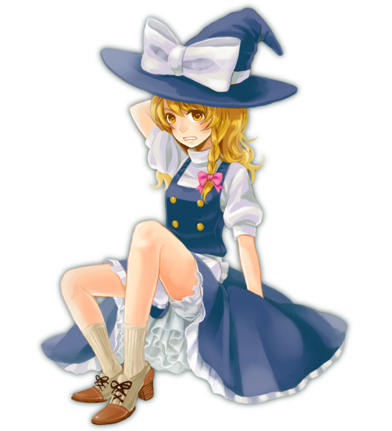 1girl arm_up blonde_hair bow braid brown_footwear full_body grimace hair_bow hat hat_bow high_heels kirisame_marisa long_hair mad39 multiple_girls navy_blue_hat navy_blue_skirt parted_lips pink_bow short_sleeves single_braid sitting socks solo touhou white_bow witch_hat yellow_eyes