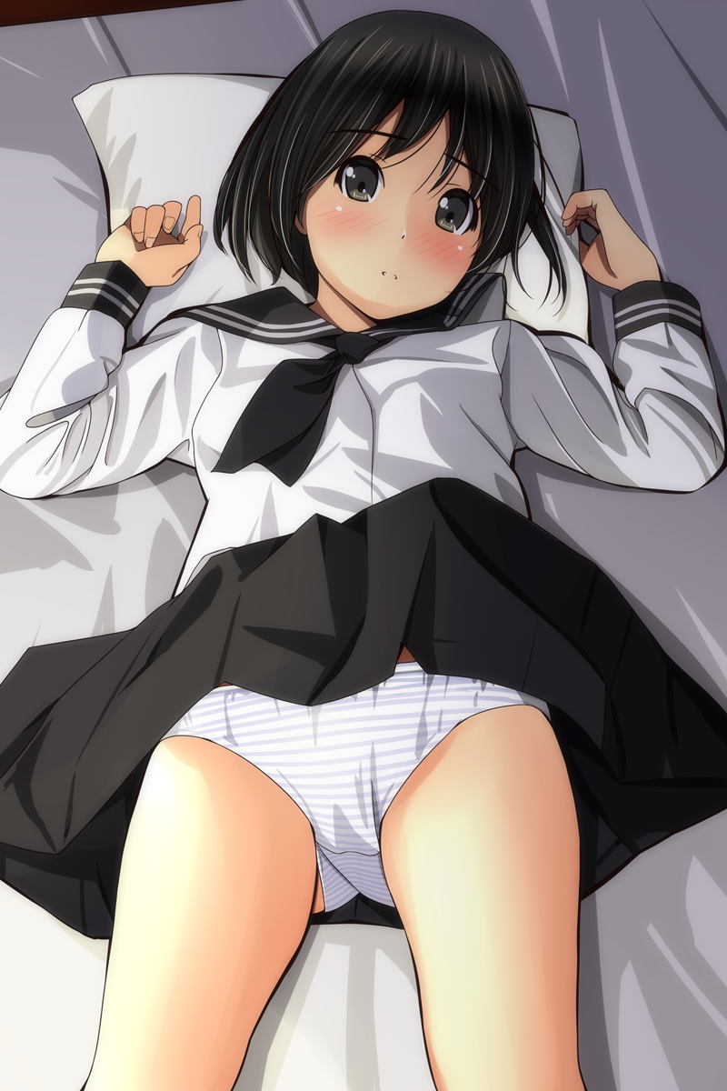 1girl arms_up bangs bed_sheet black_eyes black_hair black_neckwear black_sailor_collar black_skirt blush commentary_request eyebrows_visible_through_hair gluteal_fold hair_between_eyes head_tilt highres long_sleeves looking_at_viewer lying matsunaga_kouyou neckerchief on_back original panties pillow pleated_skirt sailor_collar school_uniform serafuku shirt short_hair skirt solo striped striped_panties underwear white_shirt