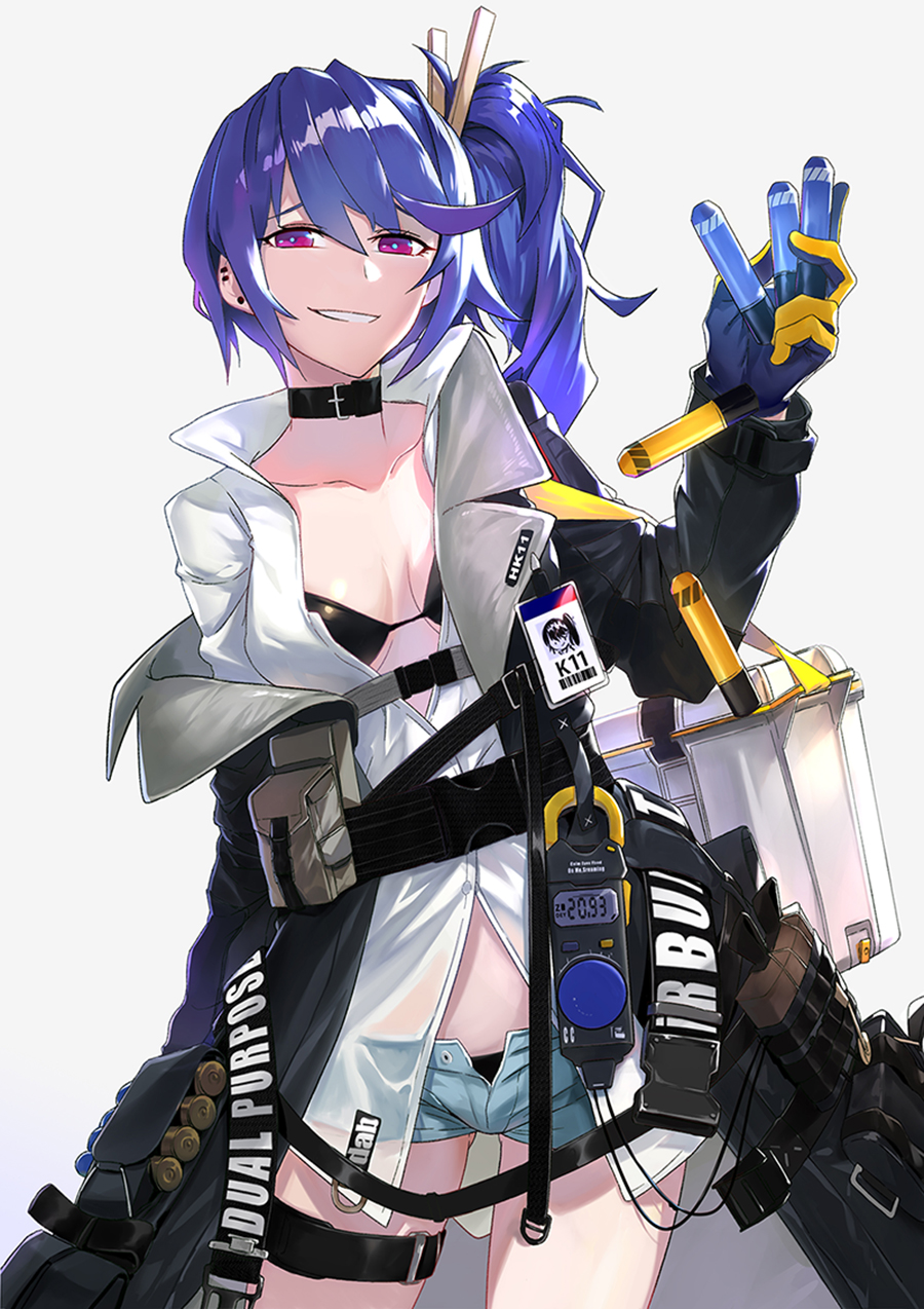 1girl bangs bikini black_bikini black_coat blue_hair blue_shorts blush breasts character_name clothes_pin coat collarbone cooler dropping earrings explosive girls_frontline grenade hair_between_eyes highres holding_grenade jewelry k11_(girls_frontline) leather_choker logn_sleeves long_hair long_shirt medium_breasts messy_hair multiple_earrings name_tag off_shoulder open_clothes open_coat parted_lips pouch see-through shirt short_shorts shorts side_ponytail sidelocks simple_background smile snap-fit_buckle solo stud_earrings swimsuit thighs trench_coat unbuttoned_pants violet_eyes white_background white_shirt xiaozilongjiang