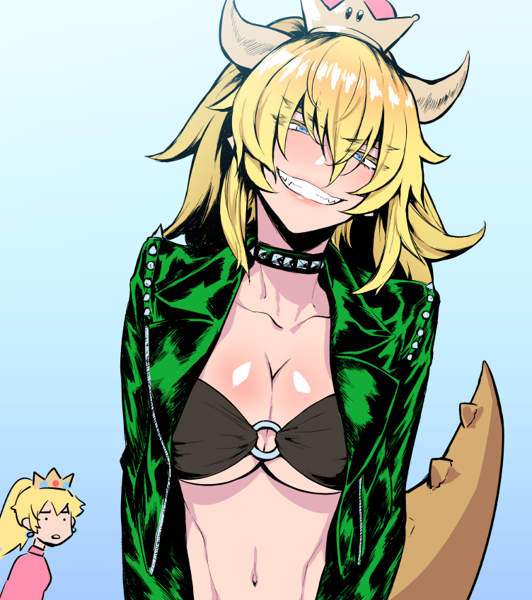 1girl black_collar blonde_hair blue_background blush bowsette breasts cleavage collar collarbone commentary_request crown eyebrows_visible_through_hair genderswap green_jacket hair_between_eyes horns jacket large_breasts super_mario_bros. midriff navel new_super_mario_bros._u_deluxe nintendo o-ring o-ring_bikini o-ring_top open_clothes open_jacket pointy_ears princess_peach sharp_teeth smile spiked_collar spiked_tail spikes super_crown super_mario_bros. tail teeth thick_eyebrows tkhs transformation