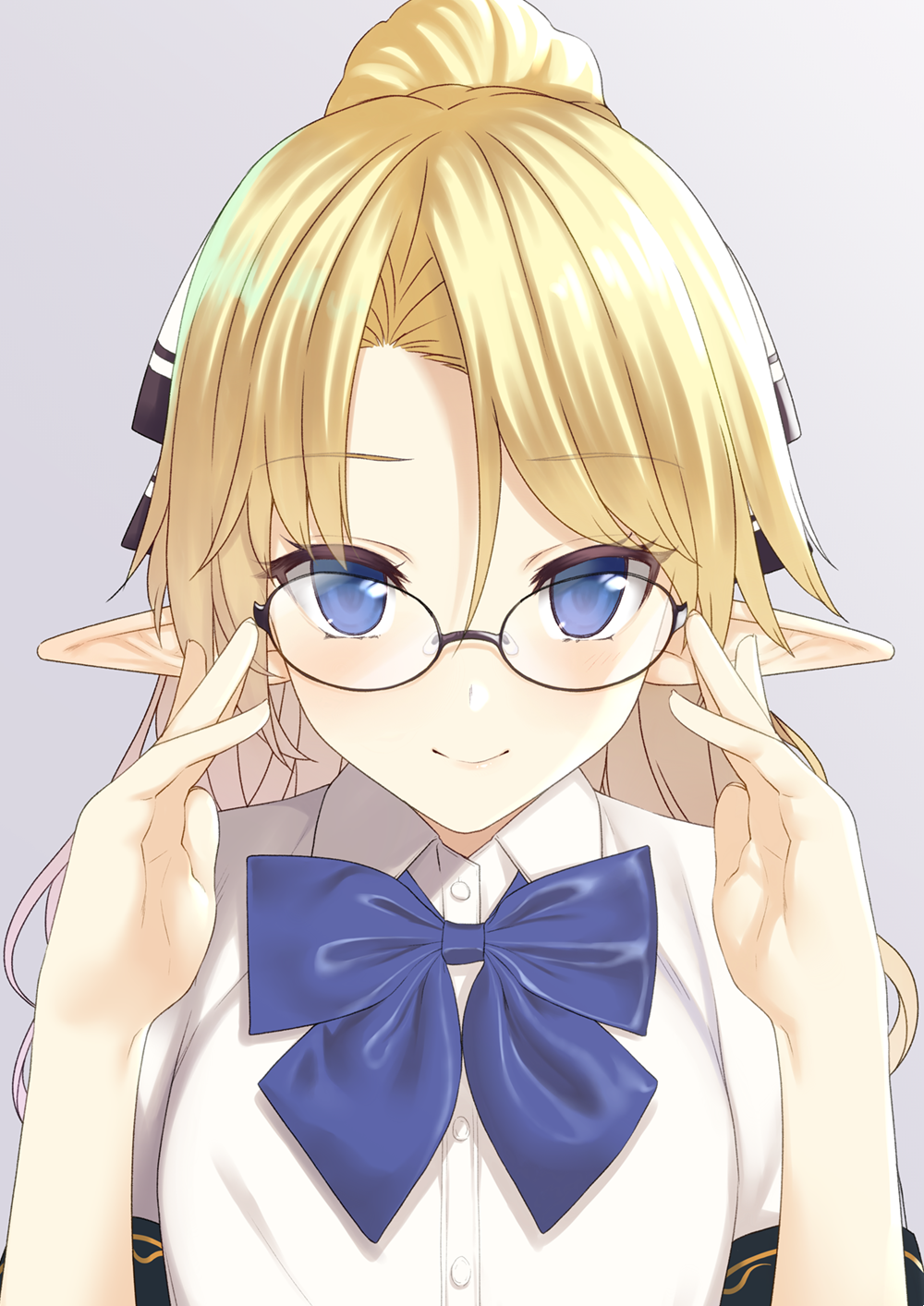 1girl adjusting_eyewear aegis_(takunomi) bangs bespectacled black-framed_eyewear blonde_hair blue_bow blue_eyes blue_neckwear blue_ribbon blush bow bowtie closed_mouth collared_shirt commentary_request elf eyebrows_visible_through_hair glasses glasses_day highres long_hair looking_at_viewer original pointy_ears ponytail ribbon shirt short_sleeves simple_background smile solo takunomi upper_body white_shirt