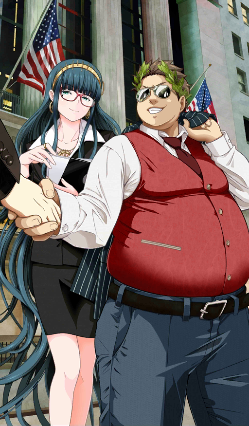 1boy 1girl alternate_costume american_flag aviator_sunglasses belt bespectacled black_hair black_jacket black_skirt blue_eyes brown_hair building cleopatra_(fate/grand_order) collarbone craft_essence earrings fat fat_man fate/grand_order fate_(series) formal glasses grin hairband handshake holding holding_jacket jacket jacket_over_shoulder jacket_removed jewelry julius_caesar_(fate/grand_order) laurel_crown long_hair looking_at_viewer necklace new_york official_art pencil_skirt pinstripe_suit red-framed_eyewear red_neckwear red_vest show_time skirt smile striped suit sunglasses tsukumo very_long_hair vest window