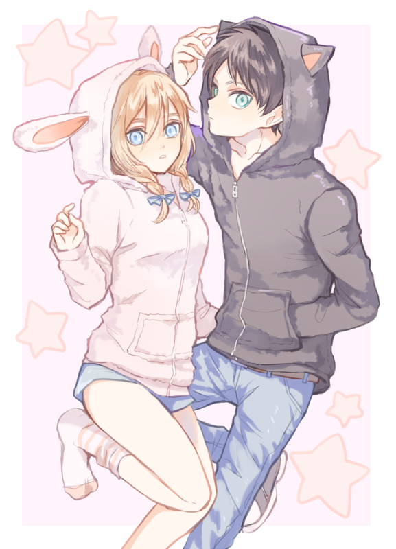 1boy 1girl animal_hood blonde_hair blue_eyes christa_renz eren_yeager hood hoodie shingeki_no_kyojin socks tonshi