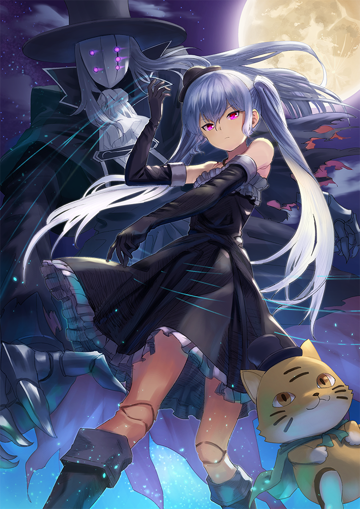1girl animal arm_up bangs bare_shoulders black_dress black_footwear black_gloves black_hat black_jacket boots bowler_hat cat commentary_request doll_joints dress elbow_gloves eyebrows_visible_through_hair full_moon gloves glowing glowing_eyes granblue_fantasy hair_between_eyes hat head_tilt jacket knee_boots long_hair mask mini_hat moon night night_sky outdoors sidelocks silver_hair sky sleeveless sleeveless_dress star_(sky) starry_sky top_hat twintails very_long_hair violet_eyes wasabi60
