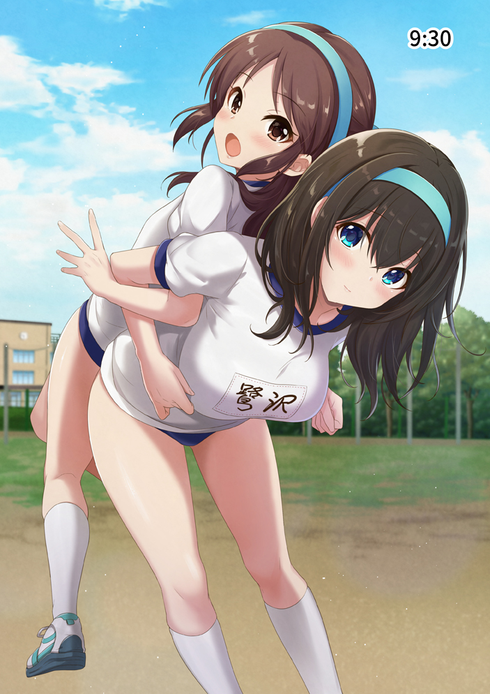 2girls azuki_yui back-to-back bangs black_hair blue_buruma blue_eyes blue_sky blush breasts brown_eyes brown_hair buruma gym_shirt hair_between_eyes hairband hips idolmaster idolmaster_cinderella_girls jogging large_breasts legs locked_arms long_hair multiple_girls name_tag open_mouth outdoors parted_bangs sagisawa_fumika shirt shoes sidelocks sky smile sneakers stretch tachibana_arisu thighs track white_shirt