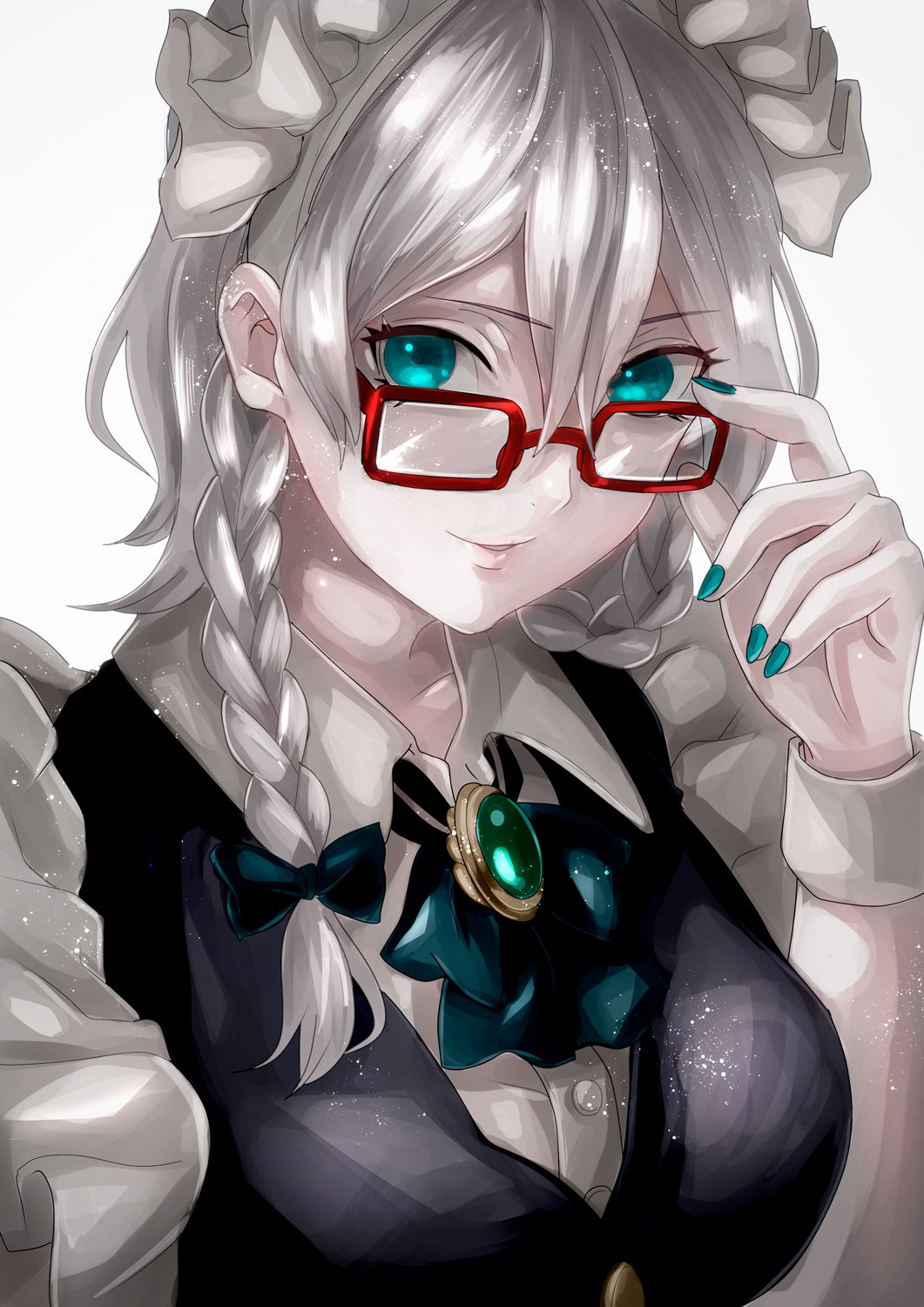 1girl adjusting_eyewear bespectacled black_bow black_neckwear black_ribbon blue_eyes blue_nails bow braid breasts brooch commentary_request glasses glasses_day hair_between_eyes hair_bow hand_up highres izayoi_sakuya jan_(lightdragoon) jewelry looking_at_viewer maid maid_headdress medium_breasts nail_polish neck_ribbon parted_lips red-framed_eyewear ribbon short_hair silver_hair simple_background smile solo touhou twin_braids upper_body white_background wing_collar wrist_cuffs