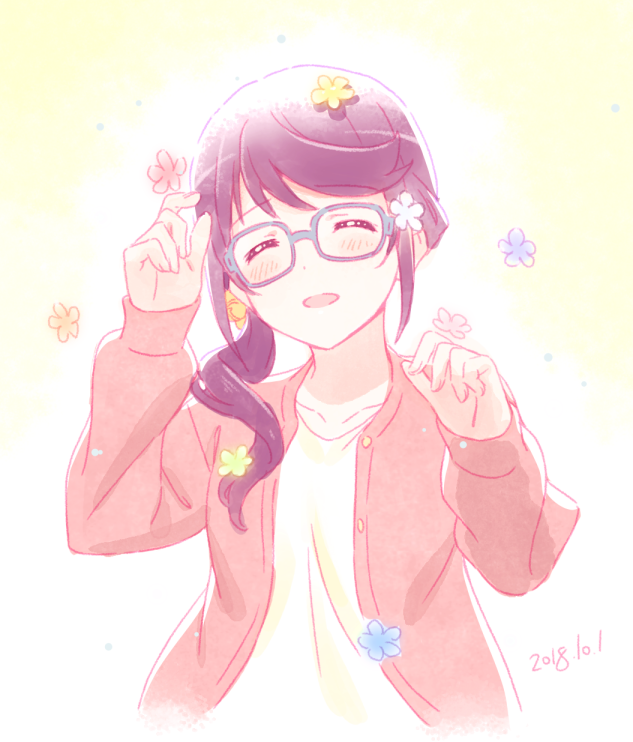 1girl :d ^_^ bell blush casual closed_eyes closed_eyes collarbone commentary_request dated flower hair_bell hair_ornament happy_birthday hoshimi_junna jingle_bell jumping_dogeza open_mouth purple_hair shoujo_kageki_revue_starlight side_ponytail smile solo upper_body yellow_background