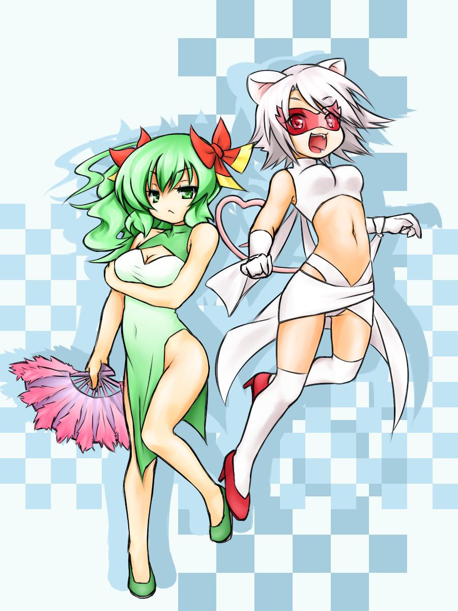 2girls :&lt; :d animal_ears arm_under_breasts bow breasts china_dress chinese_clothes cleavage cleavage_cutout dress fan feather_fan folding_fan gloves green_eyes green_footwear green_hair hair_bow hatori_tsukasa heart heart_tail high_heels highres long_hair mask medium_breasts midriff mouse_ears ms._mowz multiple_girls navel open_mouth paper_mario paper_mario:_the_thousand_year_door personification red_bow red_eyes red_footwear resaresa short_hair side_slit smile tail thigh-highs white_gloves white_hair white_legwear