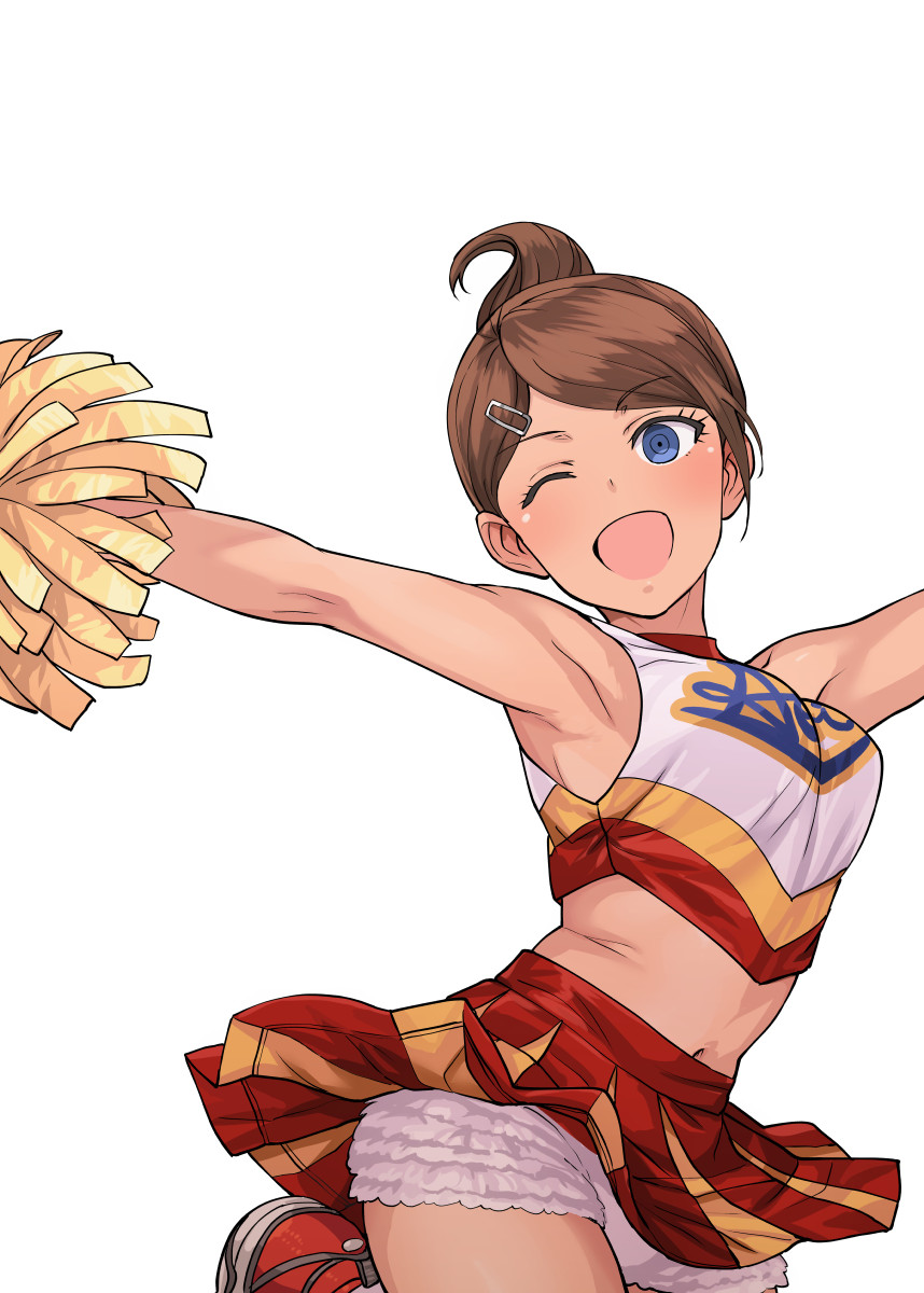 1girl ;d armpits asahina_aoi bare_arms blue_eyes breasts brown_hair cheerleader commentary_request crop_top dangan_ronpa dangan_ronpa_1 dark_skin eyebrows_visible_through_hair frilled_panties frills hair_ornament hairclip highres jumping medium_breasts midriff navel one_eye_closed open_mouth outstretched_arms panties pom_poms ponytail red_footwear shirt shoes simple_background skirt skirt_lift sleeveless sleeveless_shirt smile solo tsurui underwear white_background white_panties