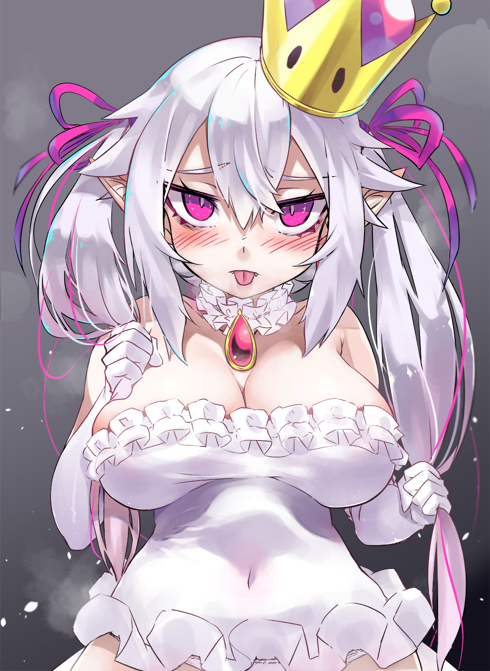 1girl alternate_hairstyle bangs bare_shoulders blush breasts brooch cleavage collar covered_navel crown dress elbow_gloves eyebrows_visible_through_hair fangs fangs_out frilled_collar frilled_dress frilled_gloves frills gloves hair_between_eyes hair_ribbon highres jewelry large_breasts long_hair looking_at_viewer luigi's_mansion super_mario_bros. new_super_mario_bros._u_deluxe nintendo panties pointy_ears princess_king_boo purple_ribbon ribbon short_dress simple_background solo strapless strapless_dress super_crown tilted_headwear tongue tongue_out torieto twintails underwear upper_body white_dress white_gloves white_panties