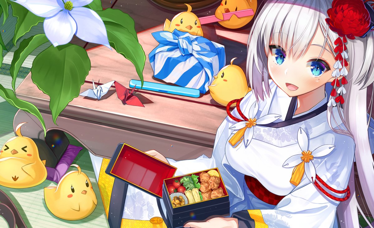 1girl :d atori azur_lane bangs black_gloves blue_eyes blush breasts chopsticks commentary_request container eyebrows_visible_through_hair flower gloves hair_flower hair_ornament holding hood hood_down hooded_kimono japanese_clothes kimono large_breasts light_particles long_hair looking_at_viewer lunchbox mole mole_under_eye official_art open_mouth origami paper_crane shoukaku_(azur_lane) sidelocks silver_hair sitting smile solo table tatami white_kimono wide_sleeves
