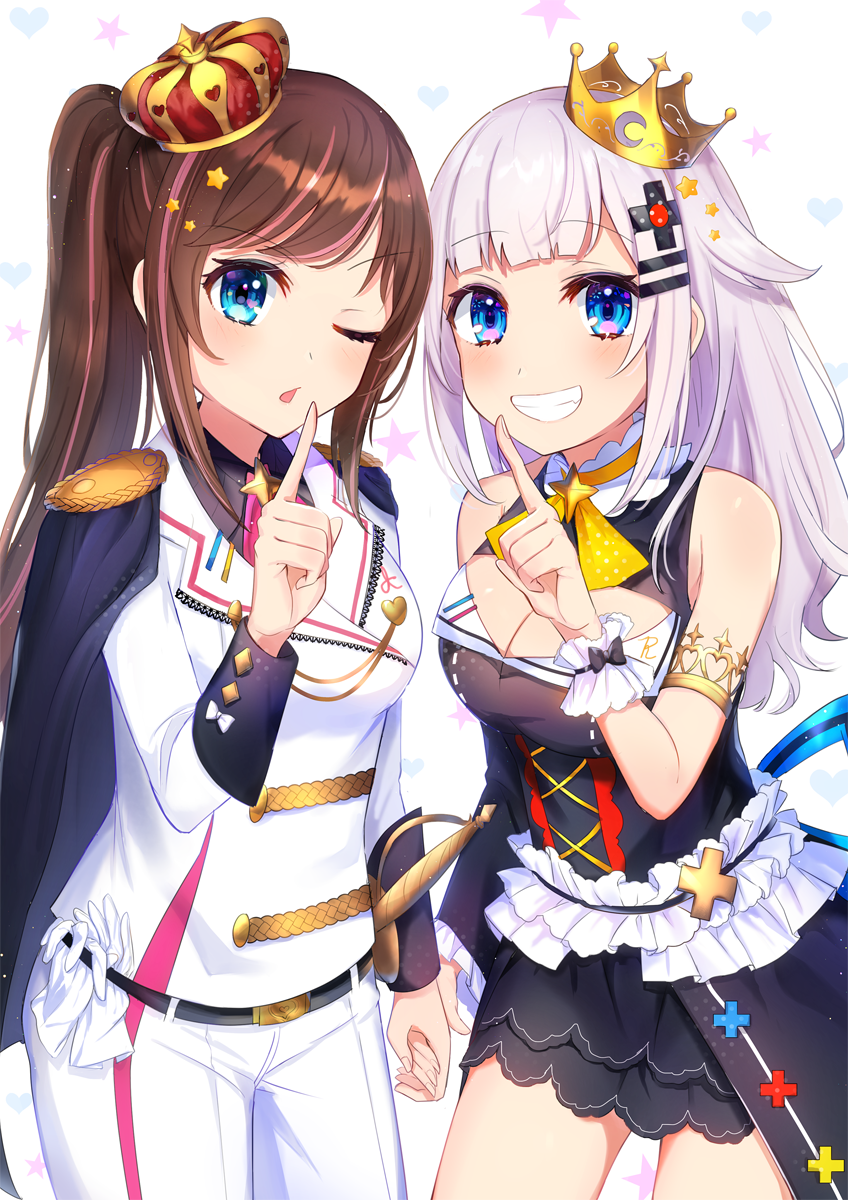 2girls a.i._channel adapted_costume alternate_hairstyle bangs bare_shoulders black_cape black_dress black_shirt blue_eyes blush breasts brown_hair cape cleavage cleavage_cutout collared_shirt commentary_request crescent crossover crown dress eyebrows_visible_through_hair fingernails grin hair_down hair_ornament hairclip hand_holding heart highres index_finger_raised jacket kaguya_luna kaguya_luna_(character) kizuna_ai long_hair looking_at_viewer medium_breasts mini_crown multicolored_hair multiple_girls omelet_tomato one_eye_closed pants parted_lips pink_hair shirt side_ponytail sidelocks silver_hair sleeveless sleeveless_dress smile star star_hair_ornament streaked_hair tilted_headwear very_long_hair virtual_youtuber white_background white_jacket white_pants wrist_cuffs