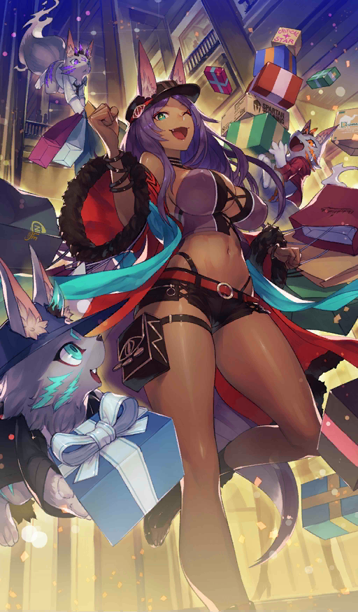 1girl ainezu alternate_costume animal animal_ears aqua_eyes bag black_panties black_shorts box bracelet breasts choker cleavage clenched_hands coat craft_essence dark_skin dollar-cent_shop ears_through_headwear fang fate/grand_order fate_(series) fur-trimmed_coat fur-trimmed_sleeves fur_trim gift gift_box hat highleg highleg_panties jewelry large_breasts long_coat long_hair official_art one_eye_closed open_clothes open_coat panties pouch purple_hair queen_of_sheba_(fate/grand_order) railing red_coat shopping_bag short_shorts shorts solo strapless thigh_strap underwear wide_sleeves
