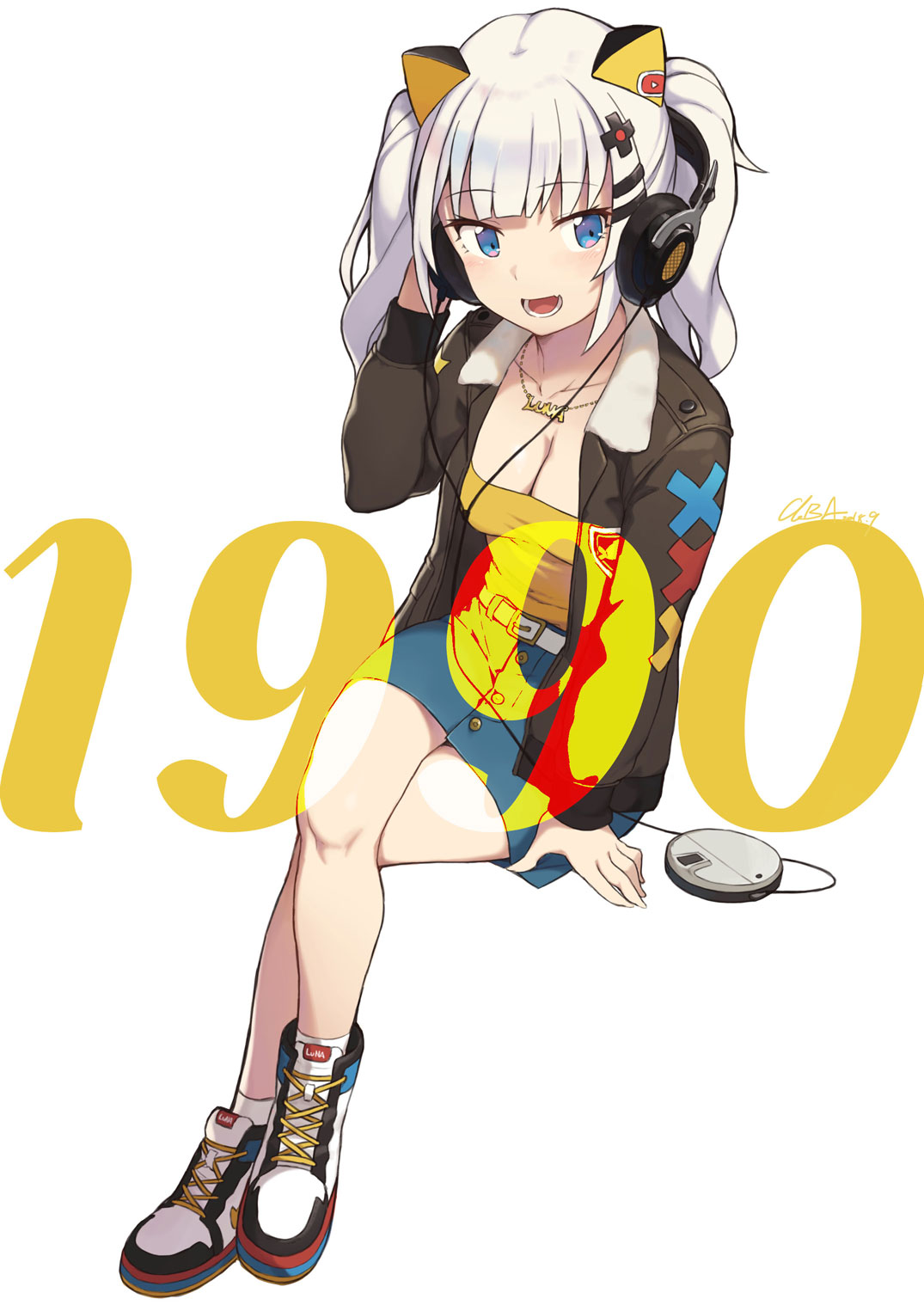 1girl 90s :d alternate_costume blue_eyes cloba collarbone commentary d-pad d-pad_hair_ornament digital_media_player eyebrows_visible_through_hair full_body hair_ornament hairclip headphones highres jacket jewelry kaguya_luna kaguya_luna_(character) legs_crossed long_hair long_sleeves looking_at_viewer necklace open_mouth simple_background sitting smile solo twintails virtual_youtuber white_background white_hair