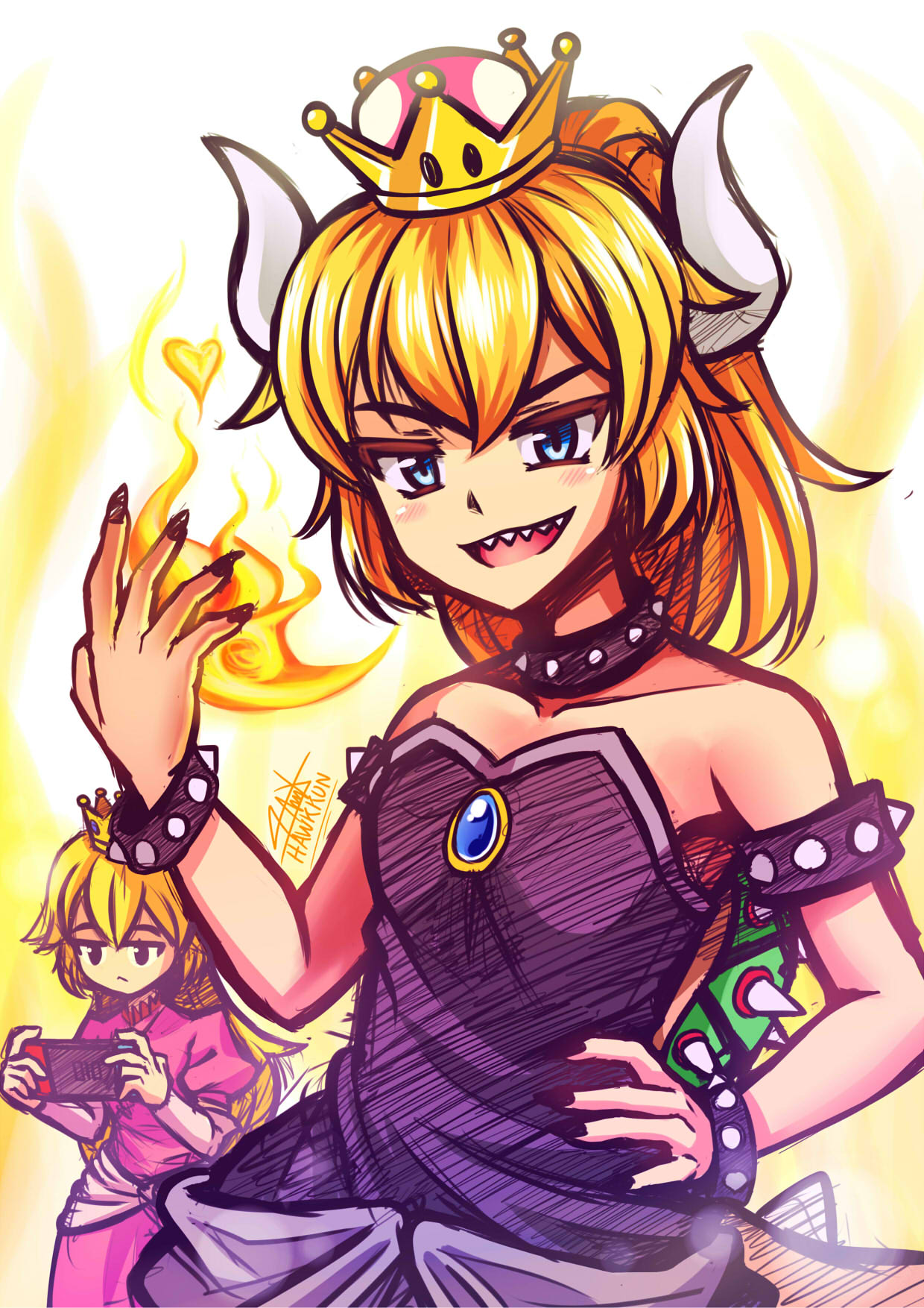 2girls :&lt; alternate_breast_size bangs bare_arms bare_shoulders black_collar black_dress black_nails blonde_hair borrowed_design bowsette bracelet breasts closed_mouth collar collarbone commentary_request crown dress dual_persona fingernails fire half-closed_eyes hand_on_hip hand_up high_ponytail highres holding horns jewelry jitome juliet_sleeves long_fingernails long_hair long_sleeves looking_at_viewer super_mario_bros. multiple_girls nail_polish new_super_mario_bros._u_deluxe nintendo open_mouth parted_bangs pink_dress princess princess_peach puffy_sleeves pyrokinesis sapphire_(stone) senpaihawkkun sharp_fingernails sharp_teeth signature silver_trim sketch small_breasts solid_oval_eyes spiked_armlet spiked_bracelet spiked_collar spiked_shell spiked_tail spikes strapless strapless_dress super_crown teeth tsurime turtle_shell