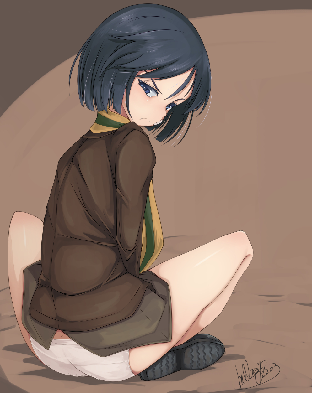 1girl angry artist_name ass bandaid bandaid_on_face bangs black_hair blue_eyes brave_witches brown_background brown_jacket bullseye1203 closed_mouth fang from_behind frown full_body highres indian_style jacket kanno_naoe looking_at_viewer looking_back military military_uniform no_pants panties scarf short_hair signature sitting solo striped striped_scarf underwear uniform v-shaped_eyebrows white_panties world_witches_series