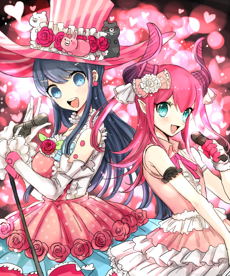 2girls :d bangs bare_shoulders black_hair blue_eyes bow breasts character_request detached_sleeves dress earrings elizabeth_bathory_(fate) elizabeth_bathory_(fate)_(all) fang fate/grand_order fate_(series) flower gloves hair_bow hair_ornament hairclip hand_up hat heart holding holding_microphone horns jewelry long_hair long_sleeves looking_at_viewer microphone microphone_stand multiple_girls open_mouth pink_dress pink_hair pink_hat red_flower red_rose rose small_breasts smile stuffed_animal stuffed_bunny stuffed_toy takashi_(onikukku) teddy_bear two_side_up white_gloves