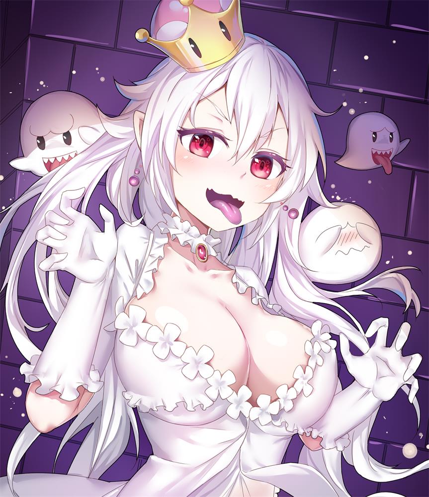 1girl bangs blush boo breasts brooch claw_pose cleavage collar collarbone commentary_request crown detached_collar dress earrings elbow_gloves fangs frilled_collar frilled_dress frilled_gloves frilled_sleeves frills gloves heart heart_in_eye jewelry large_breasts long_hair looking_at_viewer luigi's_mansion super_mario_bros. mini_crown new_super_mario_bros._u_deluxe nintendo open_mouth pointy_ears princess_king_boo red_eyes smile solo_focus super_crown super_mario_bros. symbol_in_eye tilted_headwear tongue tongue_out v-shaped_eyebrows very_long_hair white_dress yusan