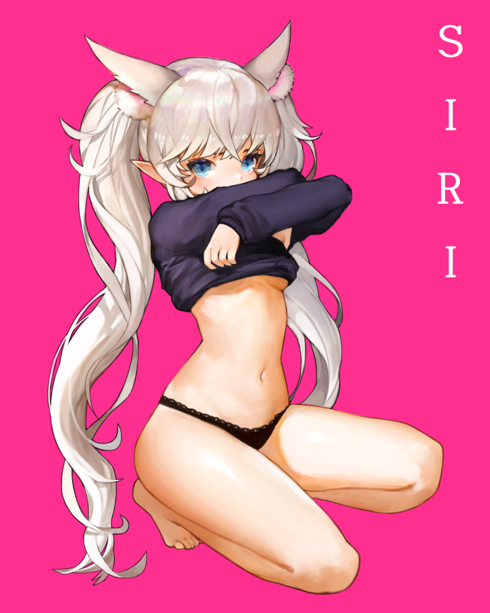 1girl animal_ears annyeongbangawo barefoot black_panties black_sweater blue_eyes blush breasts character_request clothes_lift elsword full_body kneeling lifted_by_self long_hair looking_at_viewer medium_breasts navel panties pink_background pointy_ears silver_hair simple_background solo sweater sweater_lift twintails under_boob underwear very_long_hair