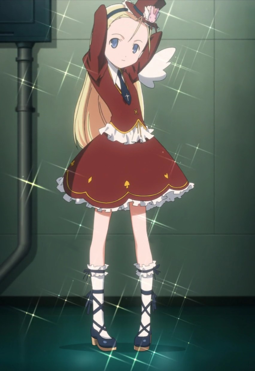 1girl alternate_costume antenna_hair arms_up blonde_hair blue_eyes dress elise_von_dietrich flat_chest forehead frilled_dress frills hairband hat highres long_hair necktie red_dress screencap shoes sky_girls socks solo sparkle stitched third-party_edit