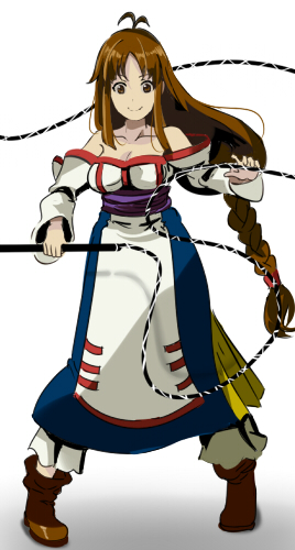 1girl arc_the_lad arc_the_lad_ii bare_shoulders braid breasts brown_eyes brown_footwear brown_hair cleavage collarbone commentary_request dress lieza long_hair looking_at_viewer low-tied_long_hair lowres okuba single_braid smile solo very_long_hair weapon whip white_dress