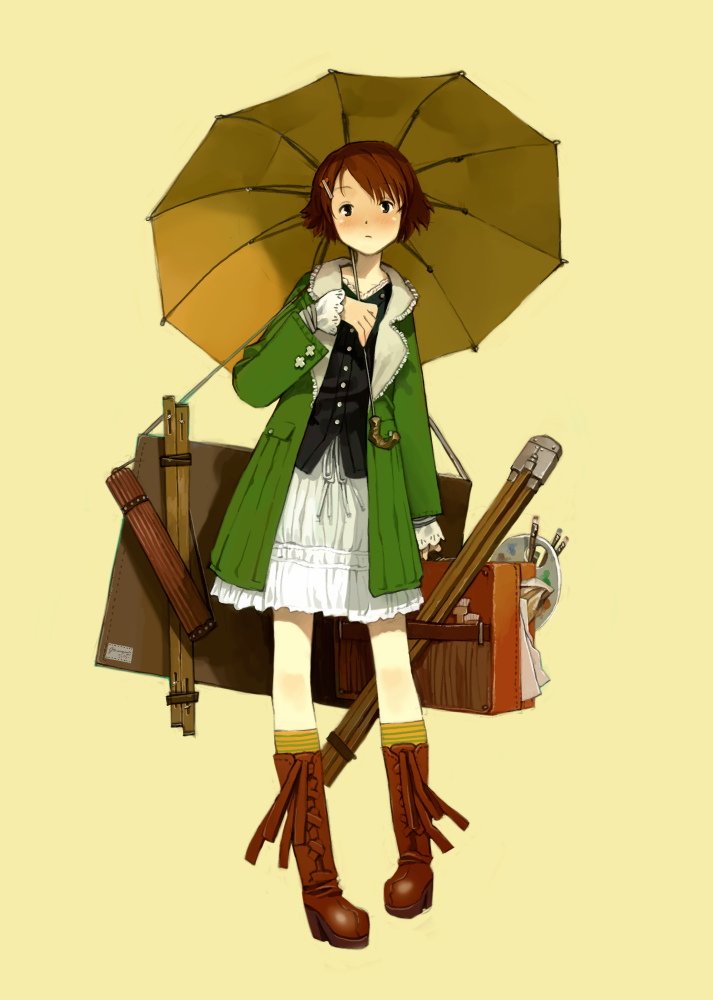 1girl art_brush art_supplies boots brown_footwear brown_hair buttons coat dress easel frilled_sleeves frills full_body hair_ornament hairclip head_tilt jacket knee_boots long_sleeves looking_at_viewer open_clothes open_jacket original paintbrush palette short_hair simple_background solo standing striped striped_legwear umbrella unbuttoned yellow_background yoshida_seiji