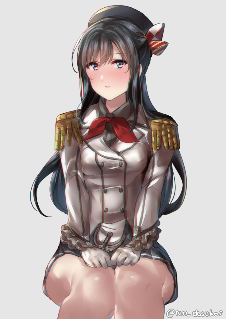 1girl anchor asashio_(kantai_collection) beret black_hair blush breasts buttons closed_mouth cosplay epaulettes eyebrows_visible_through_hair gloves grey_background grey_eyes hat juurouta kantai_collection kashima_(kantai_collection) kashima_(kantai_collection)_(cosplay) kerchief long_hair long_sleeves looking_at_viewer military military_jacket military_uniform miniskirt naval_uniform pleated_skirt red_neckwear simple_background sitting skirt small_breasts solo twitter_username uniform white_gloves