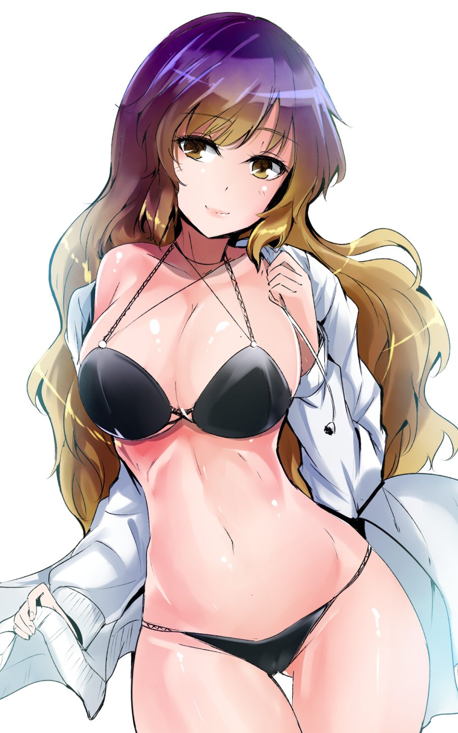 1girl bangs bare_shoulders bikini black_bikini breasts brown_eyes brown_hair collarbone commentary_request cowboy_shot criss-cross_halter cross-laced_clothes drawstring eyebrows_visible_through_hair gluteal_fold gradient_hair groin halterneck hand_up head_tilt highres hijiri_byakuren jacket large_breasts lips long_hair long_sleeves looking_at_viewer multicolored_hair navel off_shoulder open_clothes open_jacket purple_hair shiny shiny_skin simple_background smile solo standing stomach swimsuit thighs touhou very_long_hair white_background white_jacket y2