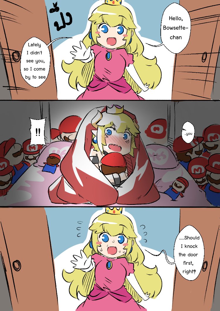 2girls 3koma blanket blonde_hair blush bowsette cabbie_hat character_doll comic doll_hug english engrish flying_sweatdrops hat horns looking_at_another super_mario_bros. multiple_girls new_super_mario_bros._u_deluxe nintendo princess_peach ranguage sesield super_crown sweatdrop walk-in