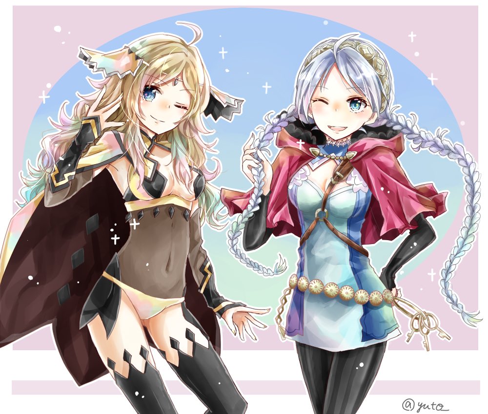 2girls ahoge blonde_hair blue_eyes braid breasts cape capelet center_opening circlet cleavage closed_mouth covered_navel eponine_(fire_emblem_if) fire_emblem fire_emblem_if hairband key keychain long_hair medium_breasts multiple_girls nintendo one_eye_closed open_mouth ophelia_(fire_emblem_if) silver_hair twin_braids twitter_username yuyu_(spika)