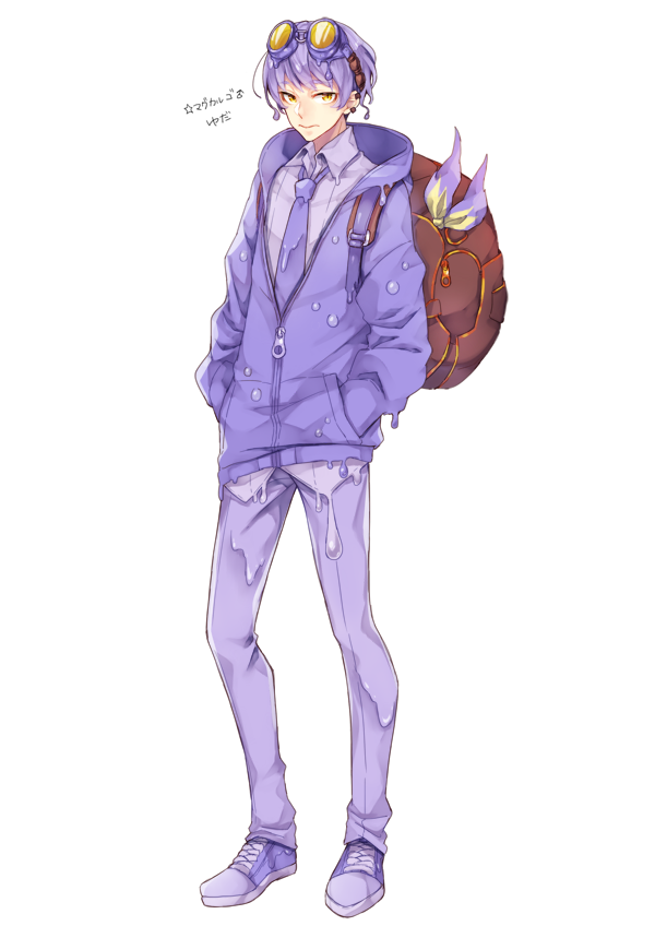 1boy alternate_color backpack bag character_name creatures_(company) earrings full_body game_freak gen_2_pokemon goggles goggles_on_head hands_in_pocket hood hood_down hoodie jewelry kasuka108 magcargo male_focus necktie nintendo pants personification pokemon purple_footwear purple_hair purple_neckwear purple_pants shiny_pokemon shoes simple_background slime sneakers stud_earrings yellow_eyes zipper