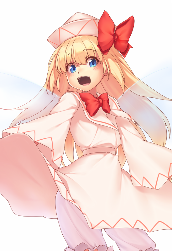 1girl :d bangs blonde_hair bloomers blue_eyes blush bow bowtie commentary_request cowboy_shot dress eyebrows_visible_through_hair fairy_wings hair_between_eyes hat hat_bow kaiza_(rider000) lily_white long_sleeves looking_at_viewer open_mouth red_bow red_neckwear sash simple_background smile solo standing touhou underwear white_background white_bloomers white_dress white_hat white_sash wide_sleeves wings