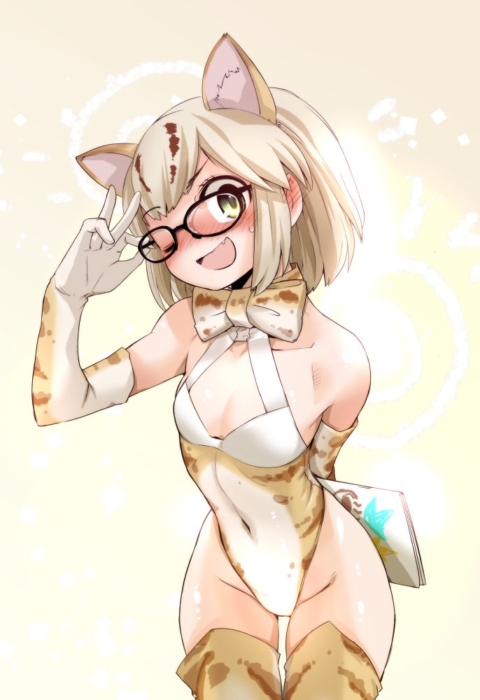 1girl adapted_costume animal_ears black-framed_eyewear blonde_hair blush bow bowtie cat_ears cat_tail commentary_request cowboy_shot elbow_gloves ez6 fang glasses gloves highleg highleg_leotard kemono_friends leaning_forward leotard margay_(kemono_friends) margay_print multicolored multicolored_clothes open_mouth short_hair sleeveless solo tail thigh-highs