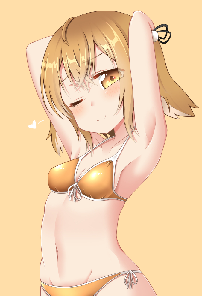 1girl ;) animal_ears armpits arms_up bangs bare_shoulders bikini black_ribbon blush breasts brown_background brown_bikini brown_eyes brown_hair cleavage closed_mouth collarbone dog_ears eyebrows_visible_through_hair hair_between_eyes hair_ribbon haneru_channel haneru_inaba heart looking_at_viewer navel one_eye_closed ribbon side-tie_bikini simple_background small_breasts smile solo swimsuit tsunsuki_(naobe009) virtual_youtuber